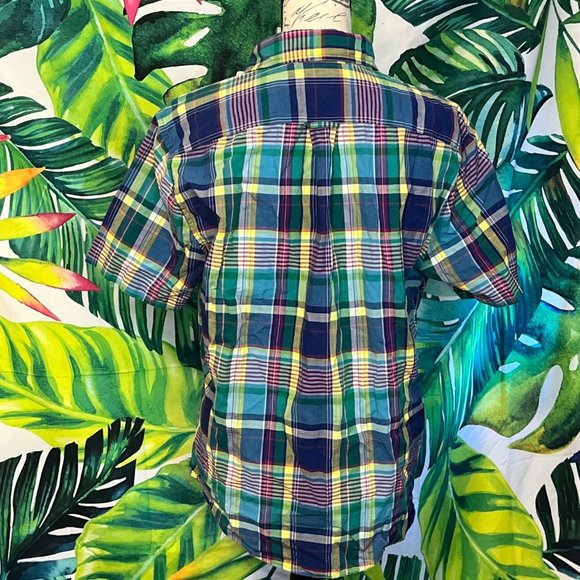 Lands’ End Mens M Green Blue Preppy Outdoor Spring Summer Vacation Plaid Shirt - Picture 3 of 11